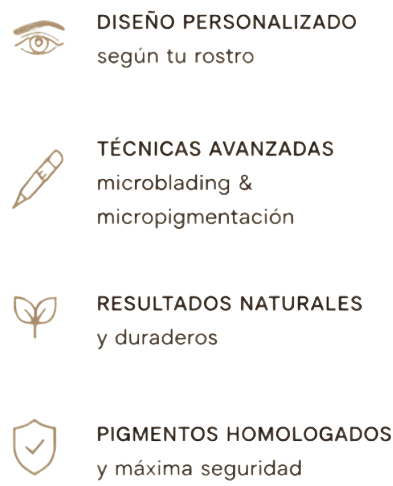 Iconos de beneficios de estética: diseño de cejas a medida, micropigmentación avanzada, técnicas seguras y resultados naturales por Cristina Gracia.